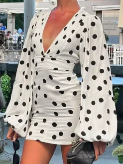 Date Night Dresses Mini Pleated Long Sleeves Polka Dot V-Neck Flared Sleeves Elegant Dress