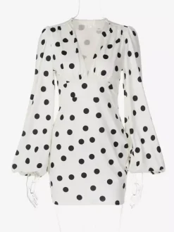 Date Night Dresses Mini Pleated Long Sleeves Polka Dot V-Neck Flared Sleeves Elegant Dress