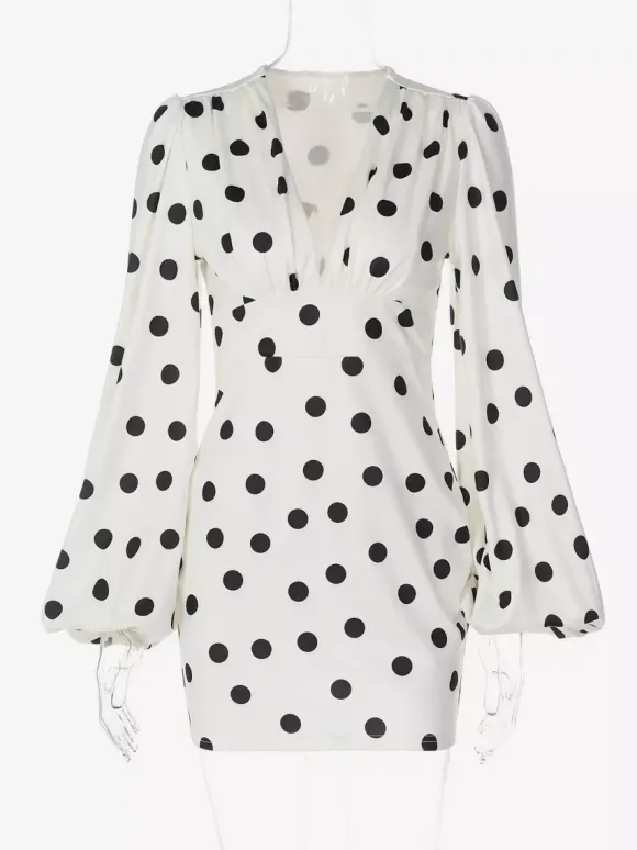 Date Night Dresses Mini Pleated Long Sleeves Polka Dot V-Neck Flared Sleeves Elegant Dress