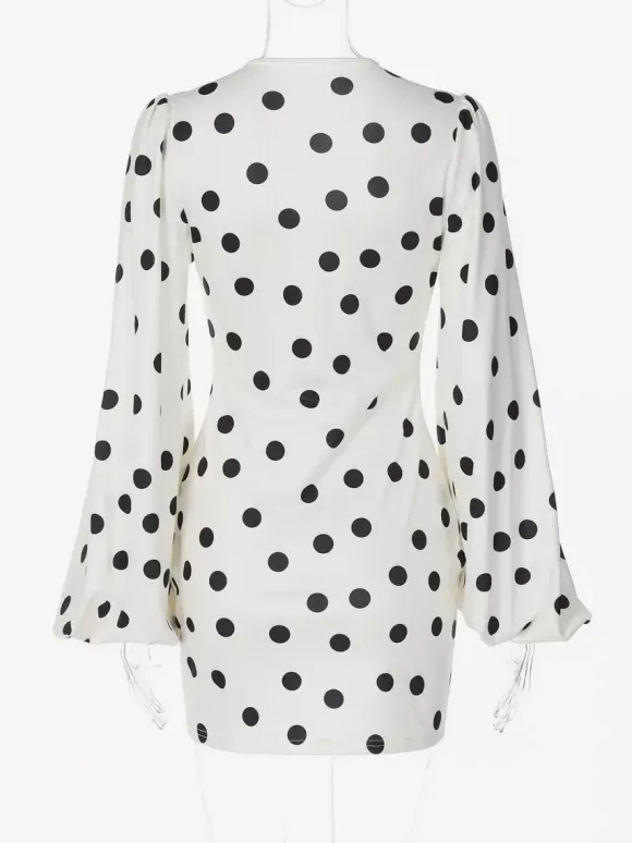 Date Night Dresses Mini Pleated Long Sleeves Polka Dot V-Neck Flared Sleeves Elegant Dress