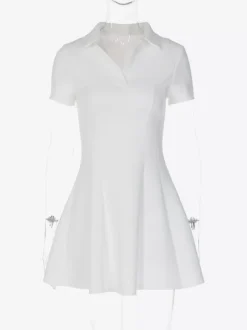 Date Night Dresses Mini Pleated Short Sleeves V-Neck Casual Ecru White Dress