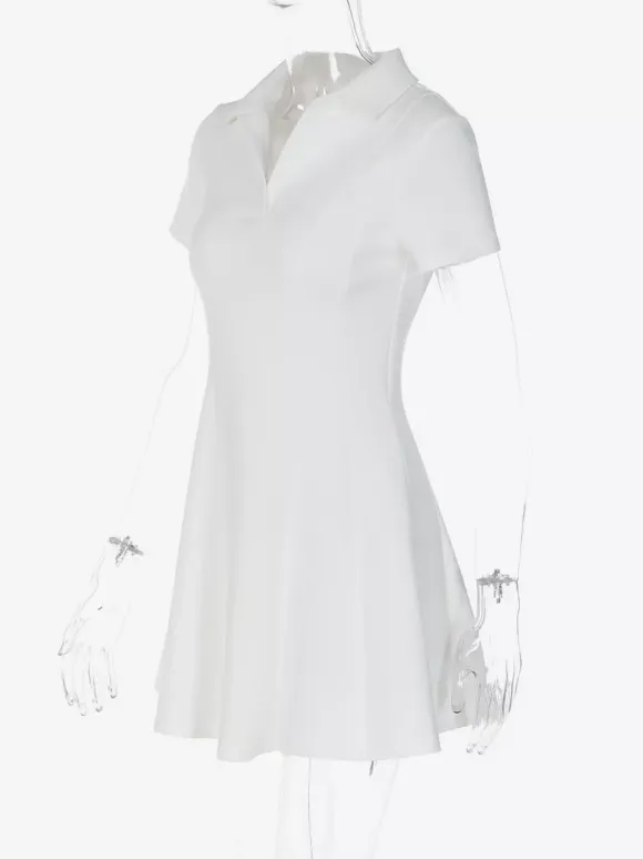 Date Night Dresses Mini Pleated Short Sleeves V-Neck Casual Ecru White Dress