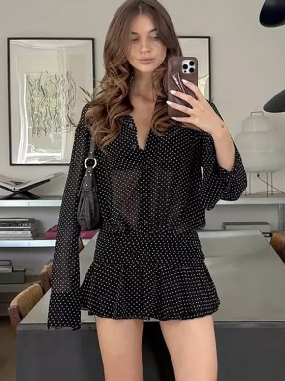 Date Night Dresses Mini Pleated Long Sleeves V-Neck Casual Black Dress