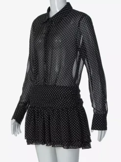 Date Night Dresses Mini Pleated Long Sleeves V-Neck Casual Black Dress