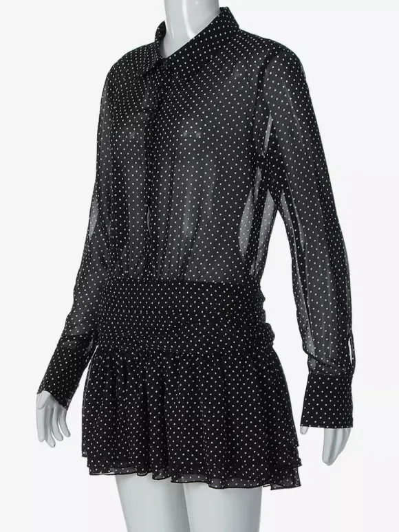 Date Night Dresses Mini Pleated Long Sleeves V-Neck Casual Black Dress