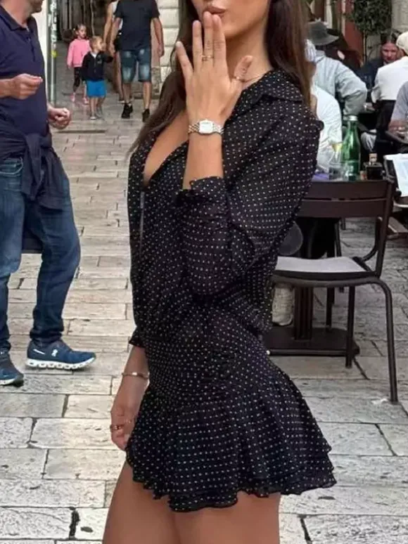 Date Night Dresses Mini Pleated Long Sleeves V-Neck Casual Black Dress