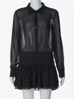 Date Night Dresses Mini Pleated Long Sleeves V-Neck Casual Black Dress