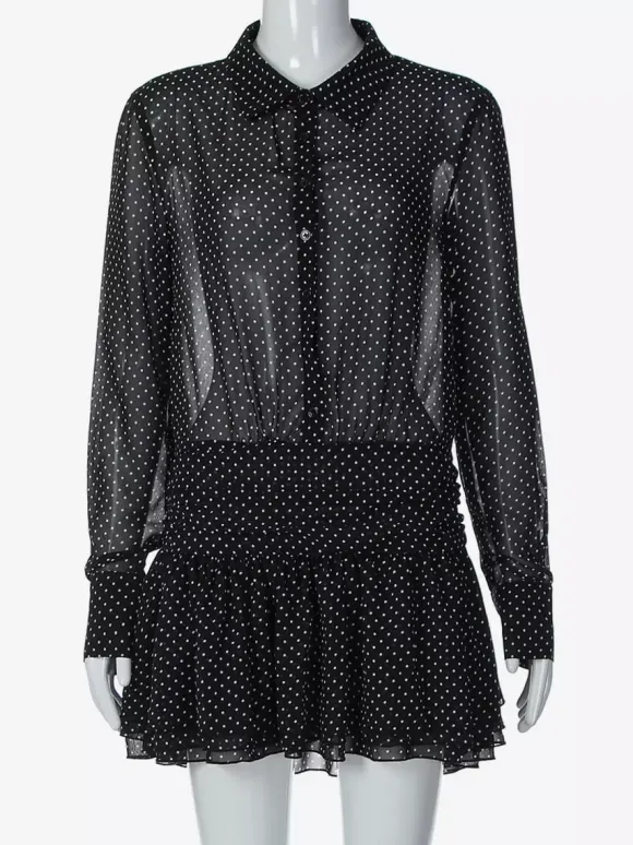 Date Night Dresses Mini Pleated Long Sleeves V-Neck Casual Black Dress