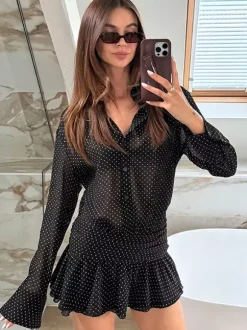 Date Night Dresses Mini Pleated Long Sleeves V-Neck Casual Black Dress