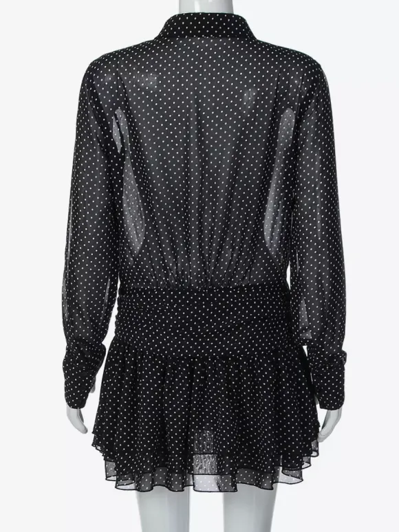 Date Night Dresses Mini Pleated Long Sleeves V-Neck Casual Black Dress
