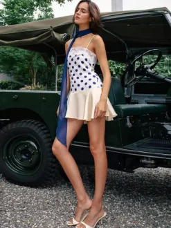 Date Night Dresses Mini Sleeveless Polka Dot Straps Neck Sexy Blue Dress