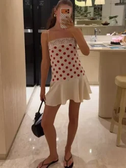 Date Night Dresses Mini Sleeveless Polka Dot Straps Neck Sexy Blue Dress