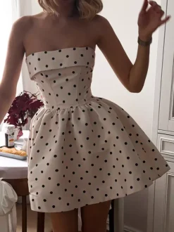 Date Night Dresses Mini Sleeveless Backless Polka Dot Strapless Elegant White Summer Dress