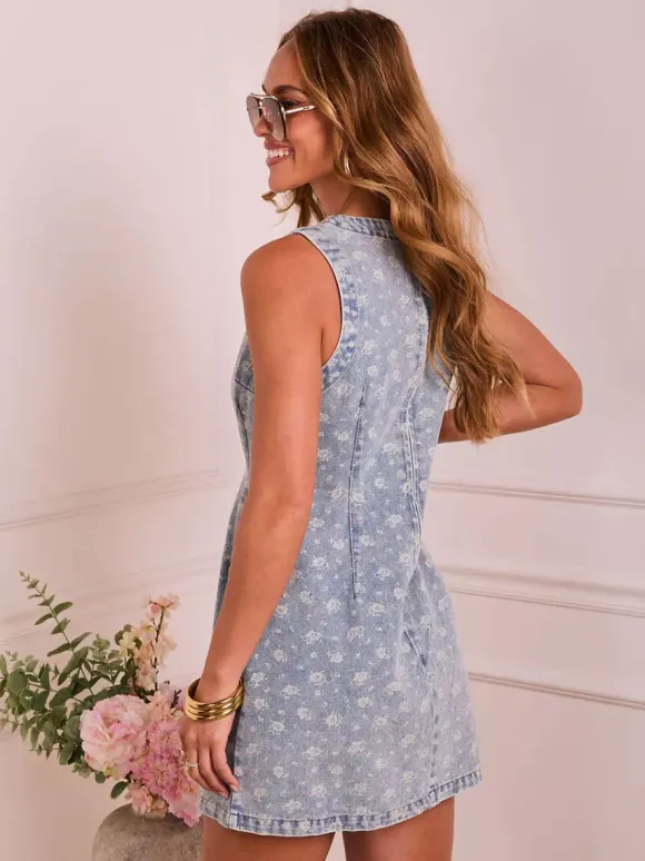 Date Night Dresses Mini Sleeveless Floral Print Jewel Neck Casual Light Sky Blue Dress