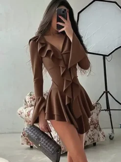 Date Night Dresses Mini Strappy Ruffles Long Sleeves V-Neck Flared Sleeves Chic Black Dress