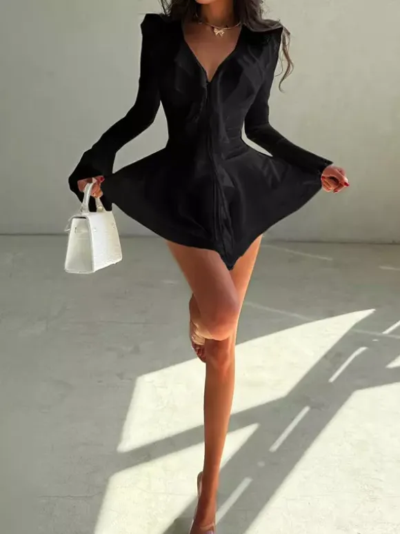 Date Night Dresses Mini Strappy Ruffles Long Sleeves V-Neck Flared Sleeves Chic Black Dress