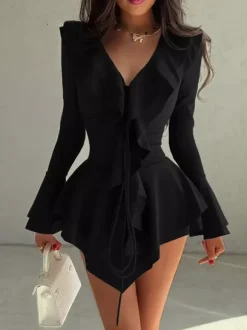 Date Night Dresses Mini Strappy Ruffles Long Sleeves V-Neck Flared Sleeves Chic Black Dress