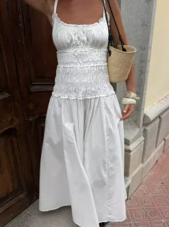 Date Night Dresses Shaping Pleated Sleeveless Straps Neck Casual White Dress