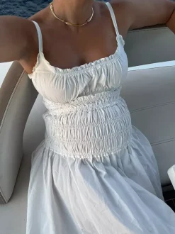 Date Night Dresses Shaping Pleated Sleeveless Straps Neck Casual White Dress
