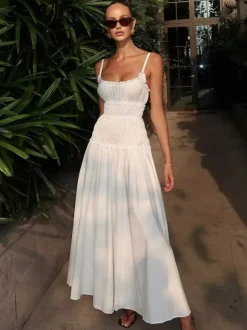 Date Night Dresses Shaping Pleated Sleeveless Straps Neck Casual White Dress