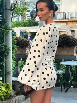 Date Night Dresses Summer Long Sleeves Polka Dot V-Neck Puff Sleeves Casual White Mini Dress
