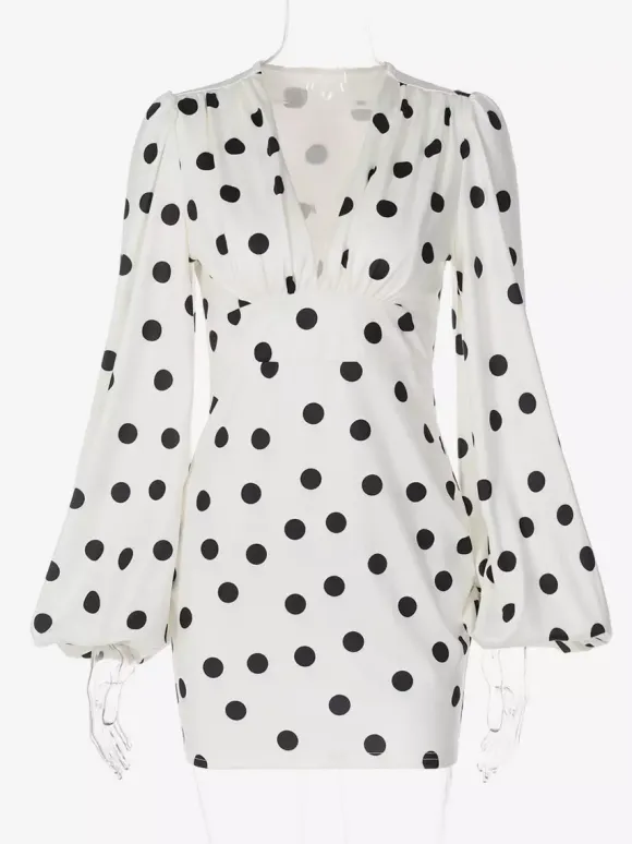 Date Night Dresses Summer Long Sleeves Polka Dot V-Neck Puff Sleeves Casual White Mini Dress