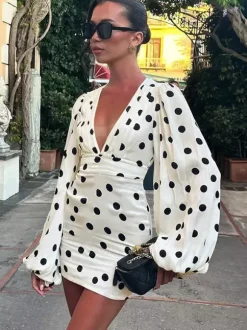 Date Night Dresses Summer Long Sleeves Polka Dot V-Neck Puff Sleeves Casual White Mini Dress
