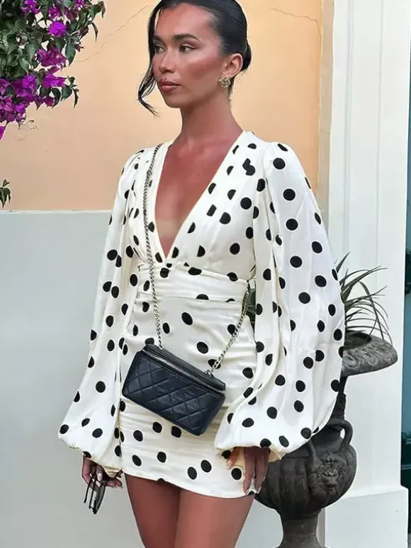 Date Night Dresses Summer Long Sleeves Polka Dot V-Neck Puff Sleeves Casual White Mini Dress