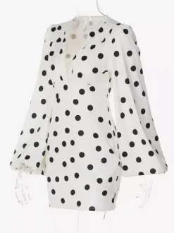 Date Night Dresses Summer Long Sleeves Polka Dot V-Neck Puff Sleeves Casual White Mini Dress