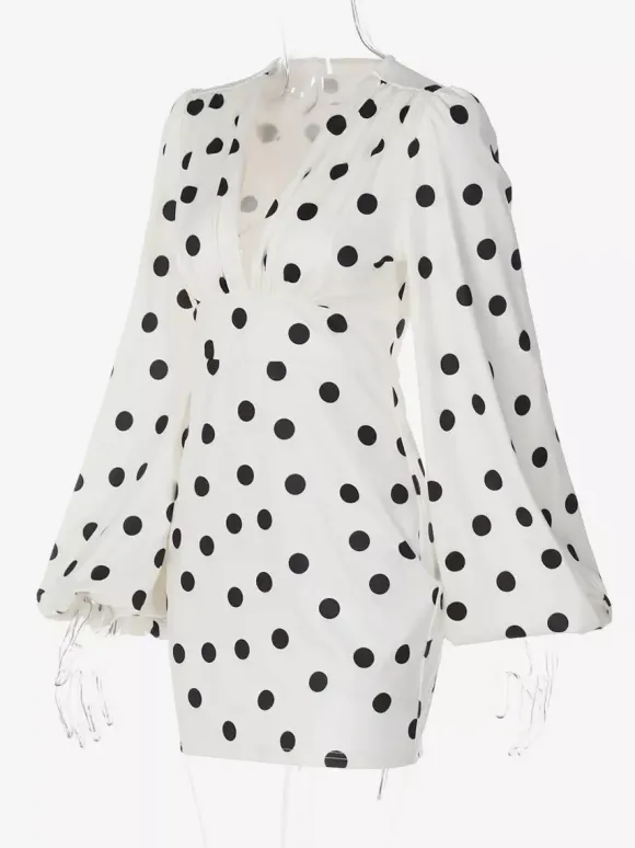 Date Night Dresses Summer Long Sleeves Polka Dot V-Neck Puff Sleeves Casual White Mini Dress