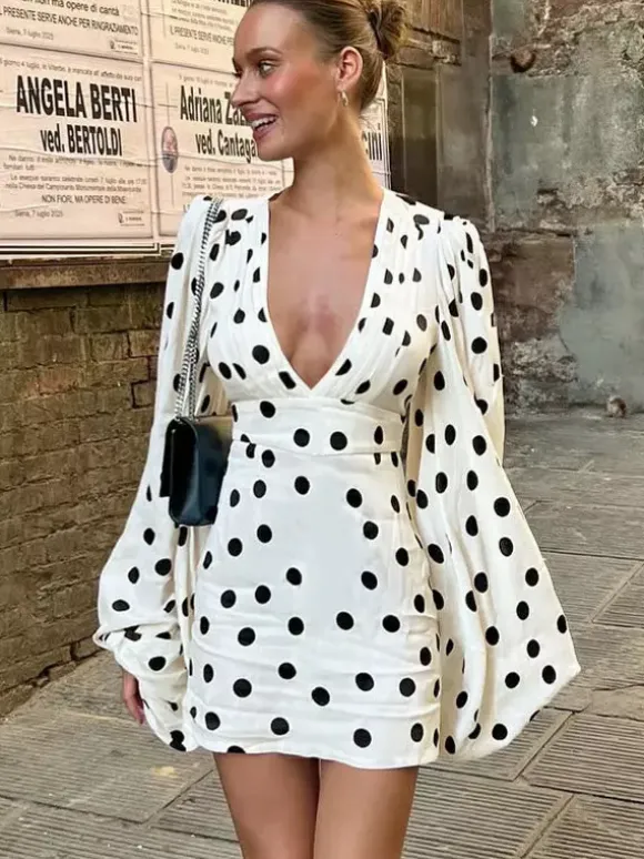 Date Night Dresses Summer Long Sleeves Polka Dot V-Neck Puff Sleeves Casual White Mini Dress