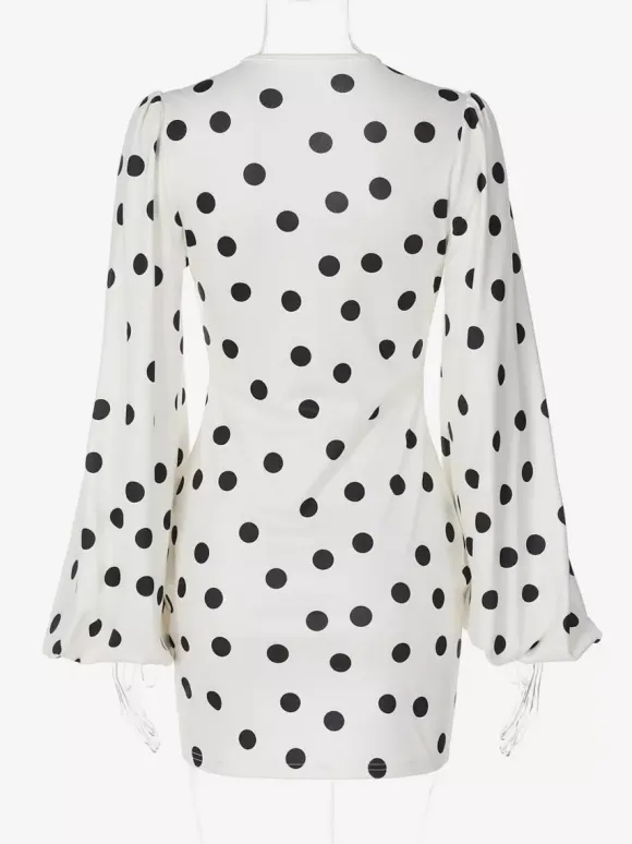 Date Night Dresses Summer Long Sleeves Polka Dot V-Neck Puff Sleeves Casual White Mini Dress