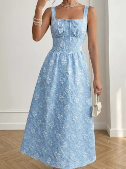 Date Night Maxi Dress Lace Up Sleeveless Backless Square Neck Sweet Blue Dress