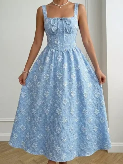 Date Night Maxi Dress Lace Up Sleeveless Backless Square Neck Sweet Blue Dress