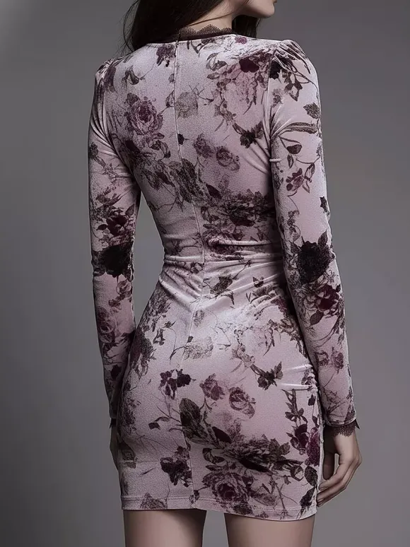 Date Night Mini Dresses Lace Long Sleeves Floral Print V-Neck Pink Dresses