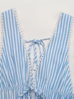Date Night Mini Dresses Sleeveless Backless Stripes V-Neck Sexy Blue Summer Dresses