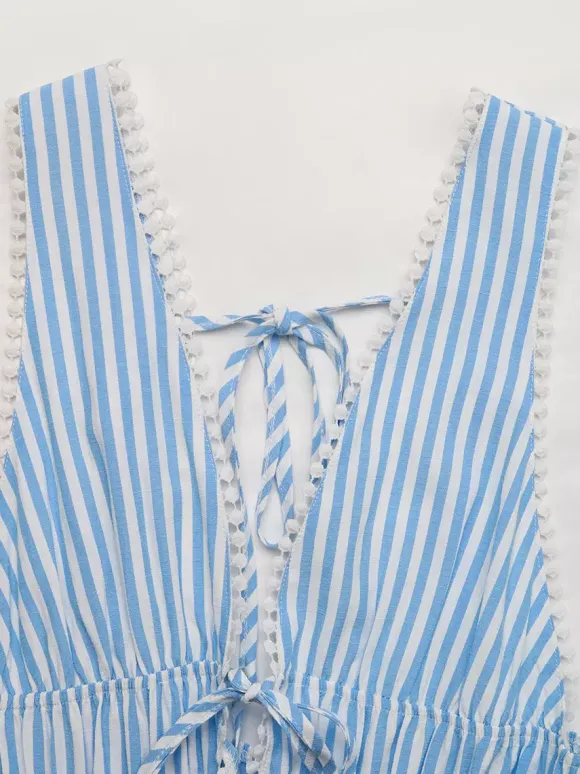 Date Night Mini Dresses Sleeveless Backless Stripes V-Neck Sexy Blue Summer Dresses