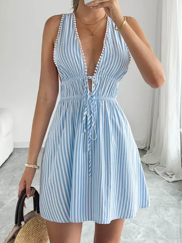 Date Night Mini Dresses Sleeveless Backless Stripes V-Neck Sexy Blue Summer Dresses