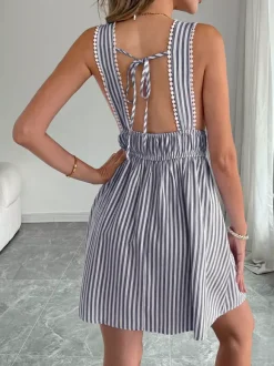Date Night Mini Dresses Sleeveless Backless Stripes V-Neck Sexy Blue Summer Dresses