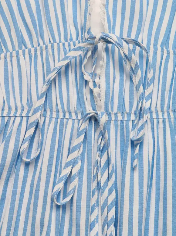 Date Night Mini Dresses Sleeveless Backless Stripes V-Neck Sexy Blue Summer Dresses