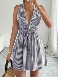 Date Night Mini Dresses Sleeveless Backless Stripes V-Neck Sexy Blue Summer Dresses