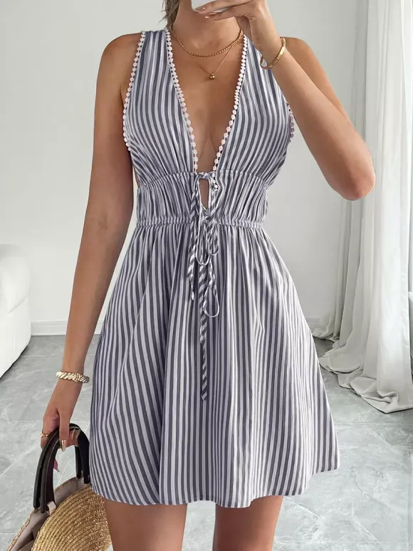 Date Night Mini Dresses Sleeveless Backless Stripes V-Neck Sexy Blue Summer Dresses