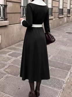 Date Night Dresses Black Contrast White Lapel Midi Long Sleeve Button Waist A-Line Vintage Dress