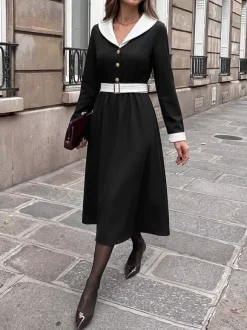 Date Night Dresses Black Contrast White Lapel Midi Long Sleeve Button Waist A-Line Vintage Dress