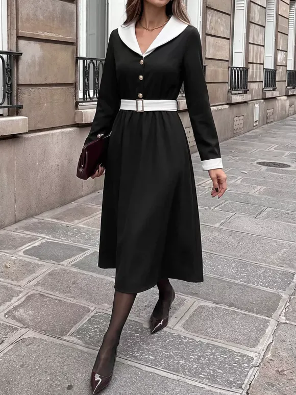 Date Night Dresses Black Contrast White Lapel Midi Long Sleeve Button Waist A-Line Vintage Dress