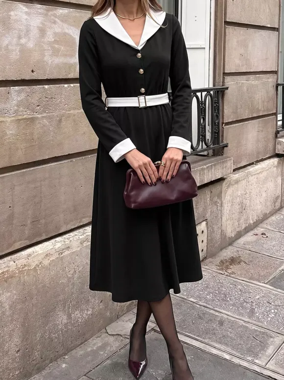 Date Night Dresses Black Contrast White Lapel Midi Long Sleeve Button Waist A-Line Vintage Dress