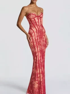 Date Night Dresses Bodycon Maxi Lace Sleeveless Backless Strapless Sexy Burgundy Dress