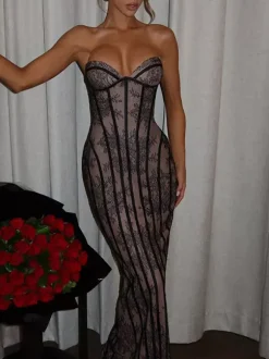Date Night Dresses Bodycon Maxi Lace Sleeveless Backless Strapless Sexy Burgundy Dress