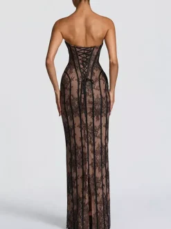 Date Night Dresses Bodycon Maxi Lace Sleeveless Backless Strapless Sexy Burgundy Dress