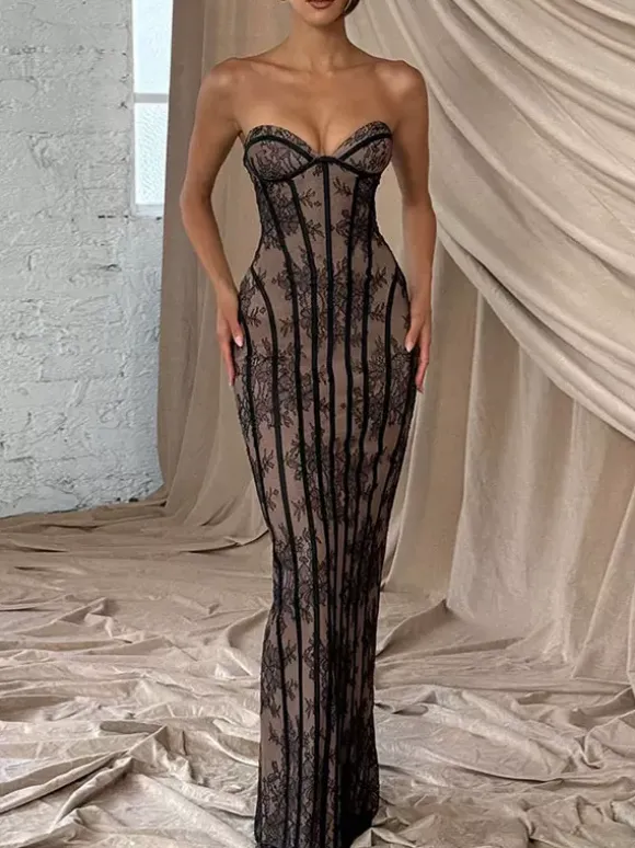 Date Night Dresses Bodycon Maxi Lace Sleeveless Backless Strapless Sexy Burgundy Dress
